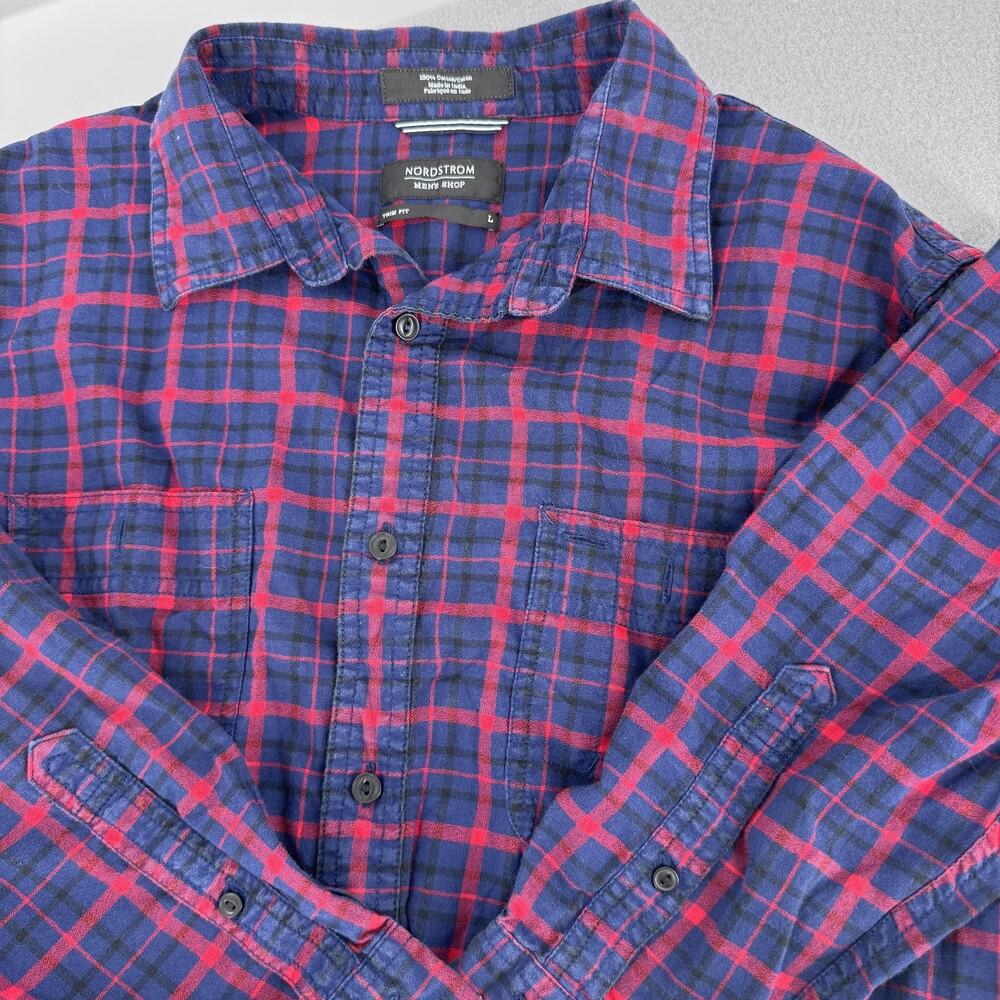 Nordstrom Mens Shop Shirt Mens Large Blue‎ Red Plaid Flannel Button Up Trim Fit